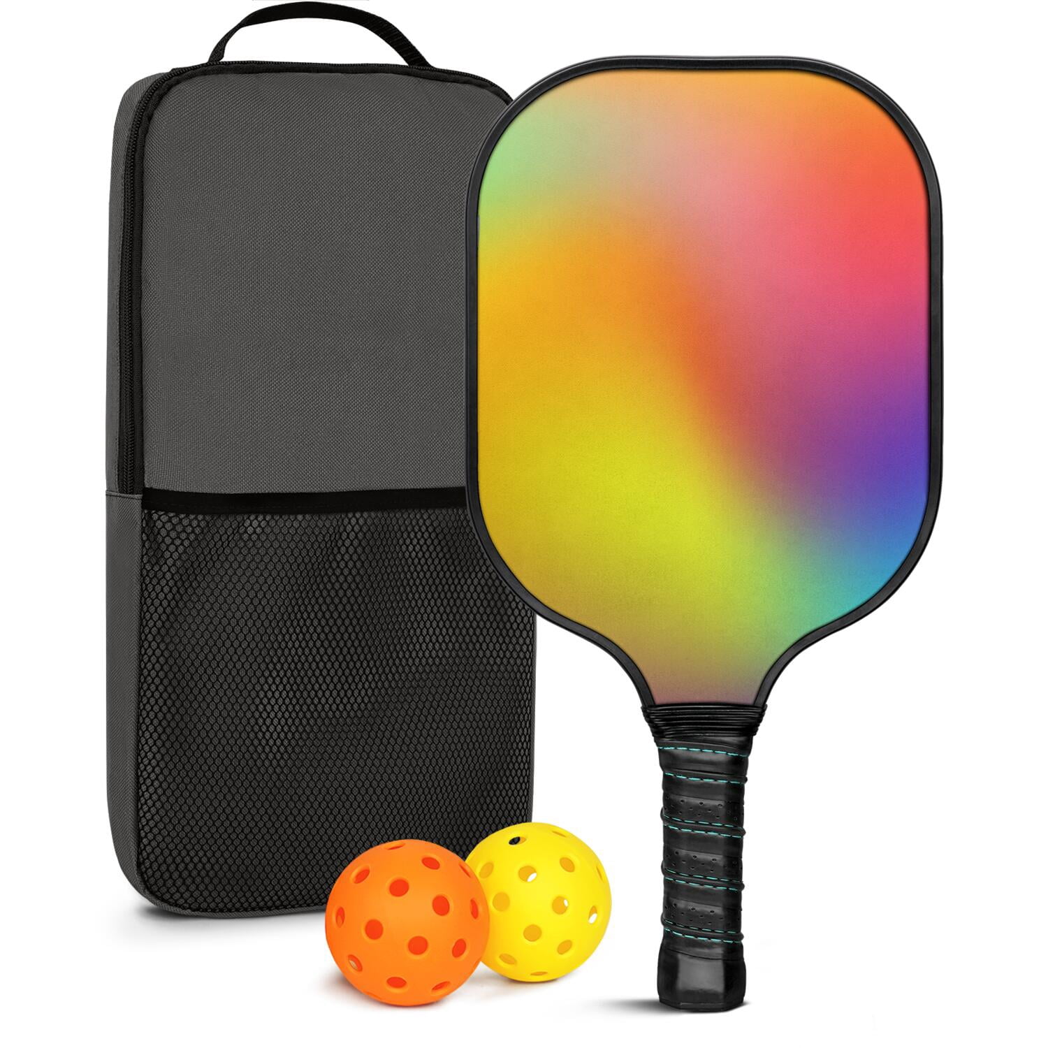 Pickleball Paddles Set Of 1, Fiberglass Surface, Vibrant Rainbow Print, 1 Paddle, 2 Balls & Bag