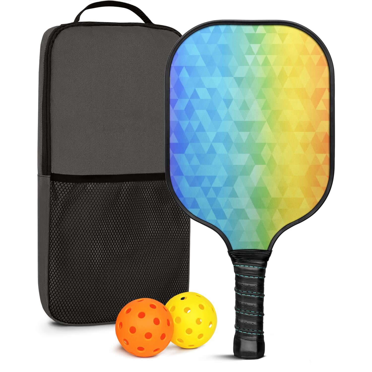 Pickleball Paddles Set Of 1, Fiberglass Surface, Vibrant Rainbow Print, 1 Paddle, 2 Balls & Bag