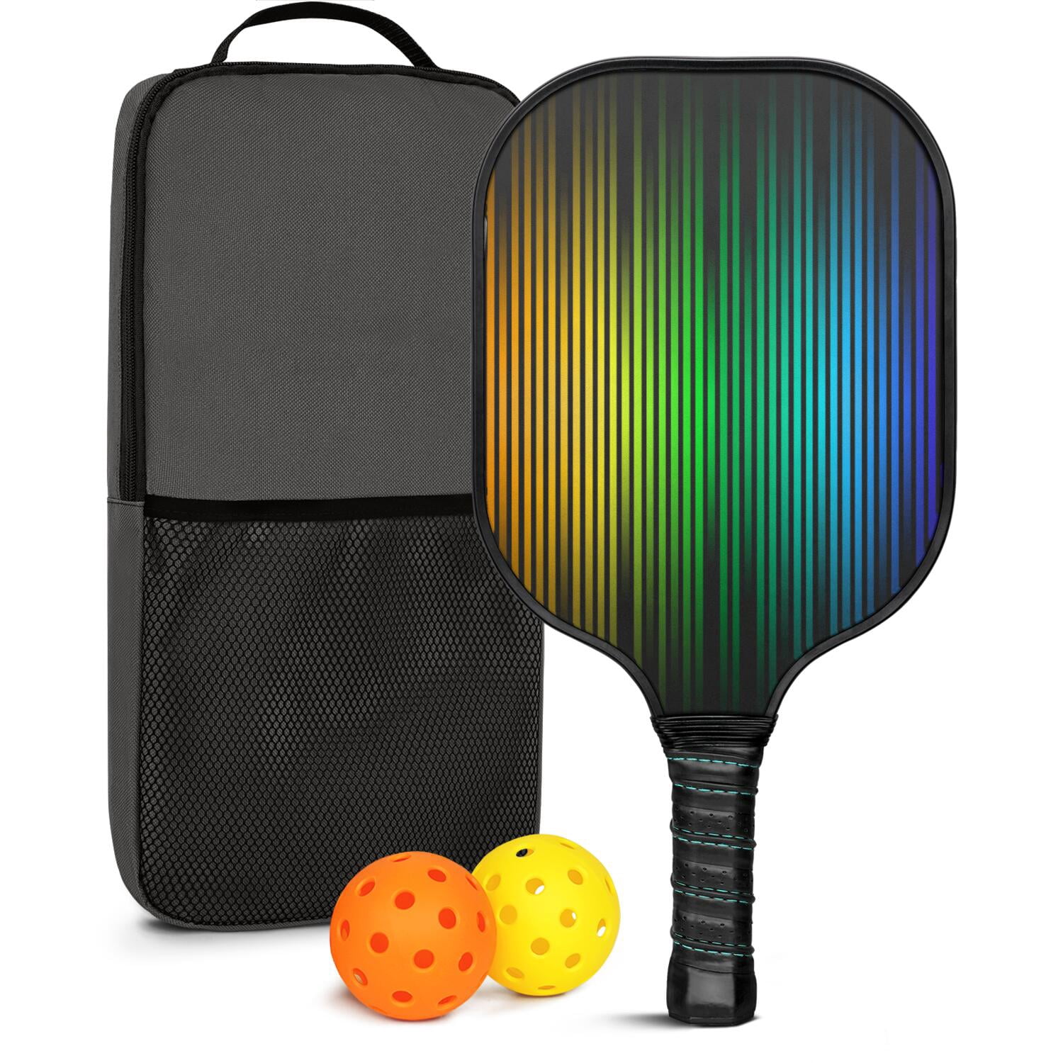 Pickleball Paddles Set Of 1, Fiberglass Surface, Vibrant Rainbow Print, 1 Paddle, 2 Balls & Bag