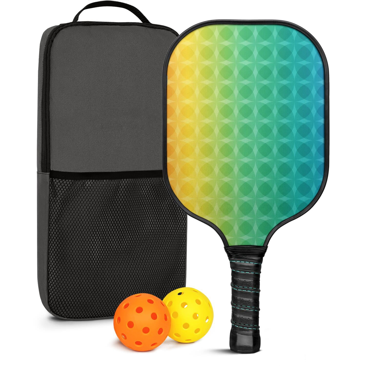 Pickleball Paddles Set Of 1, Fiberglass Surface, Vibrant Rainbow Print, 1 Paddle, 2 Balls & Bag