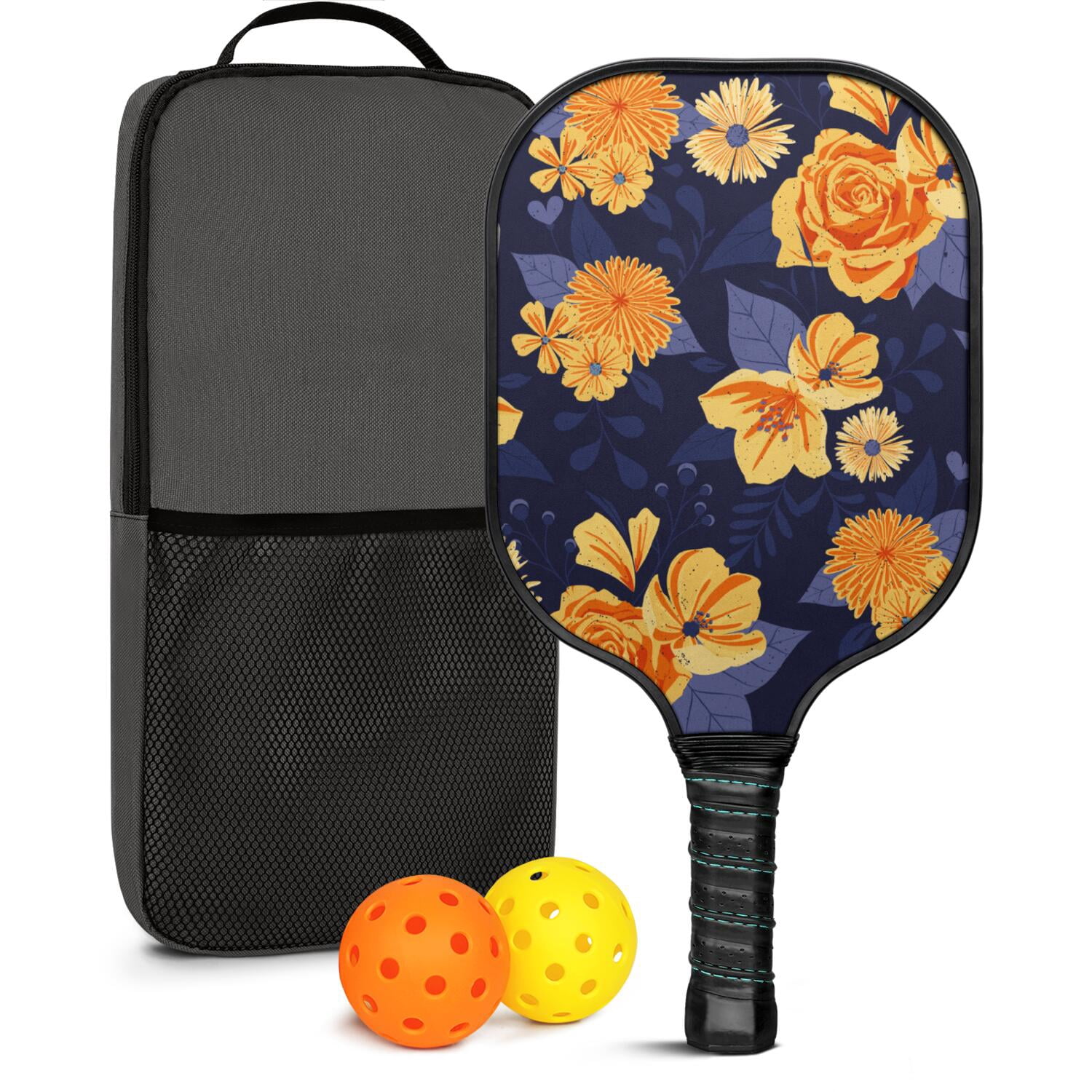 Pickleball Paddles Set Of 1, Fiberglass Surface, Vintage Floral Print, 1 Paddle, 2 Balls & Bag