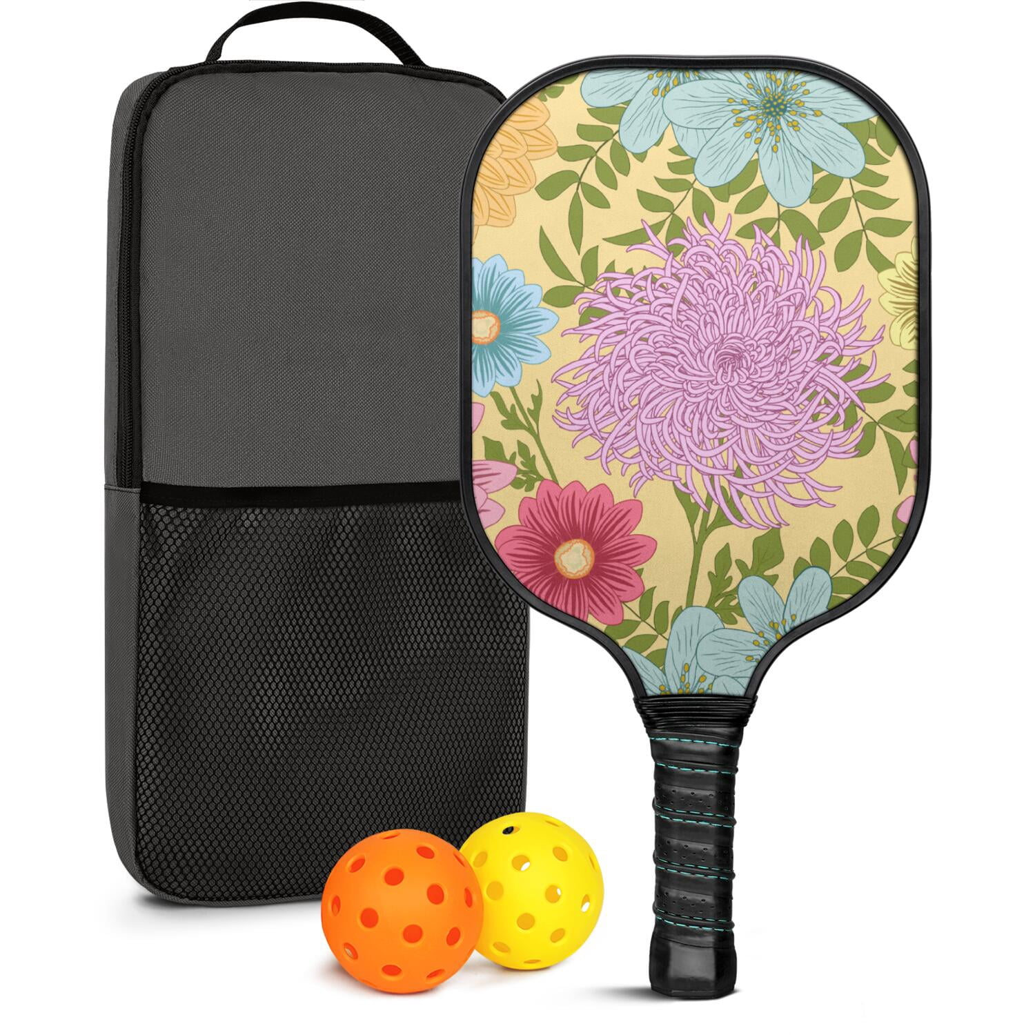 Pickleball Paddles Set Of 1, Fiberglass Surface, Vintage Floral Print, 1 Paddle, 2 Balls & Bag
