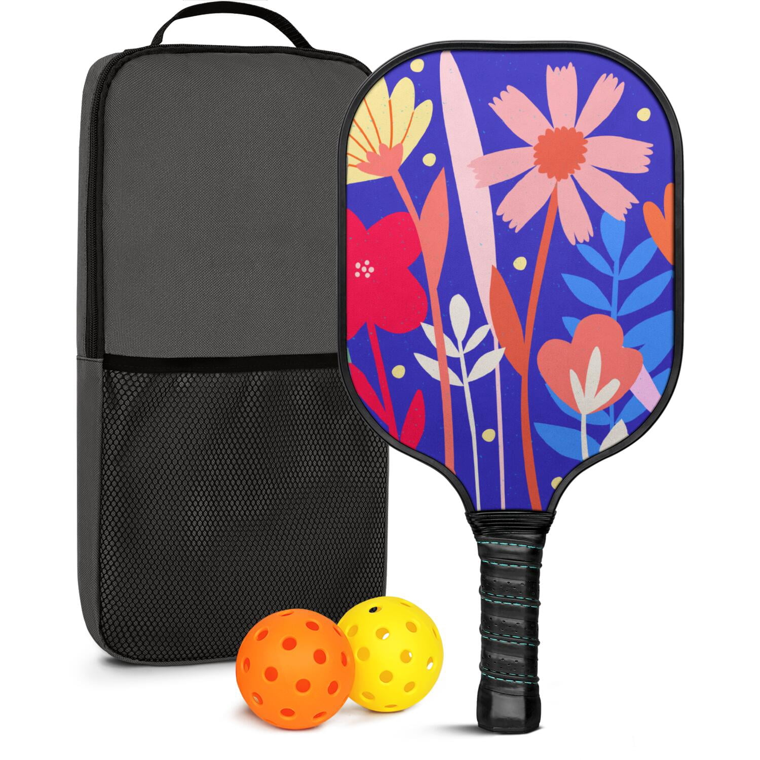 Pickleball Paddles Set Of 1, Fiberglass Surface, Vintage Floral Print, 1 Paddle, 2 Balls & Bag