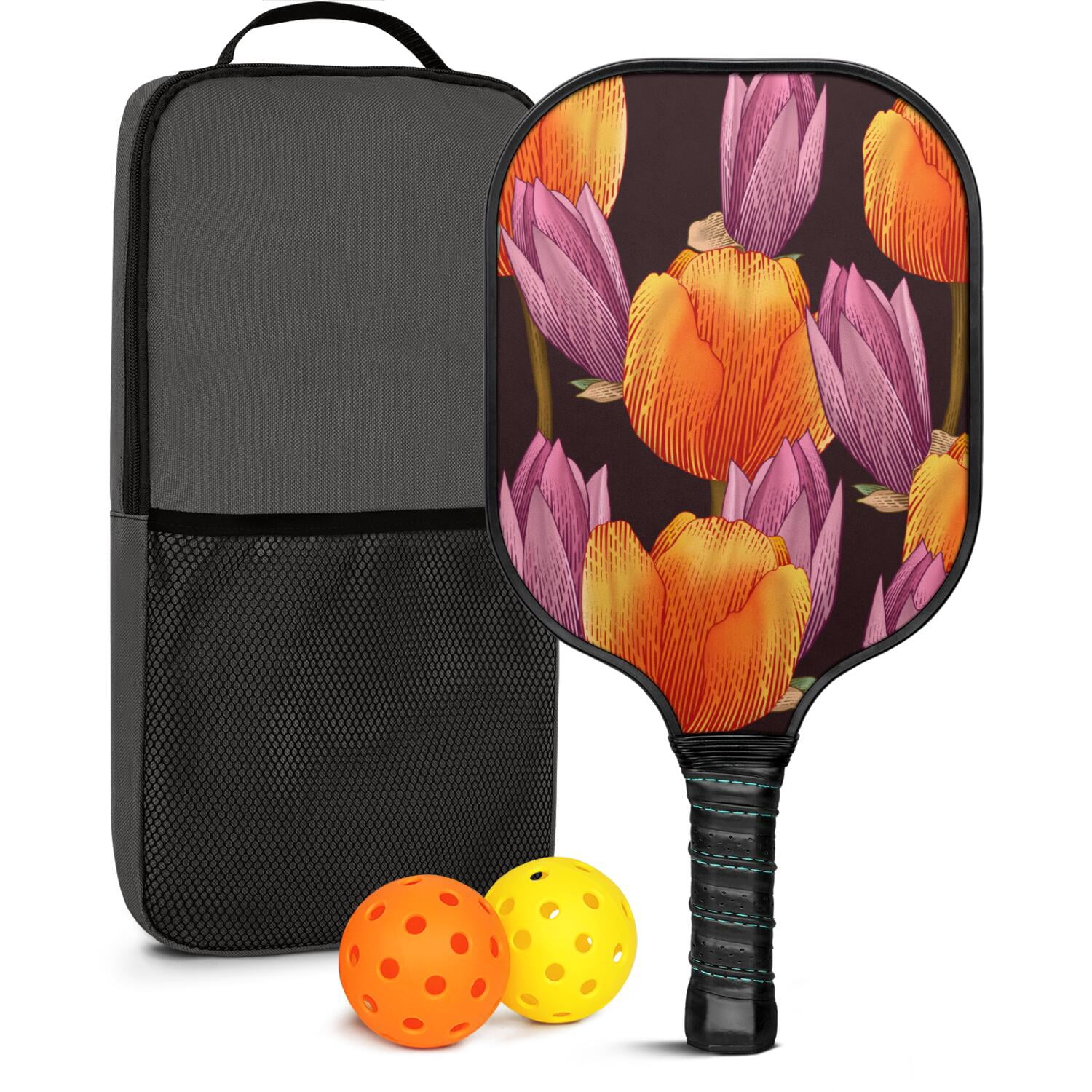 Pickleball Paddles Set Of 1, Fiberglass Surface, Vintage Floral Print, 1 Paddle, 2 Balls & Bag