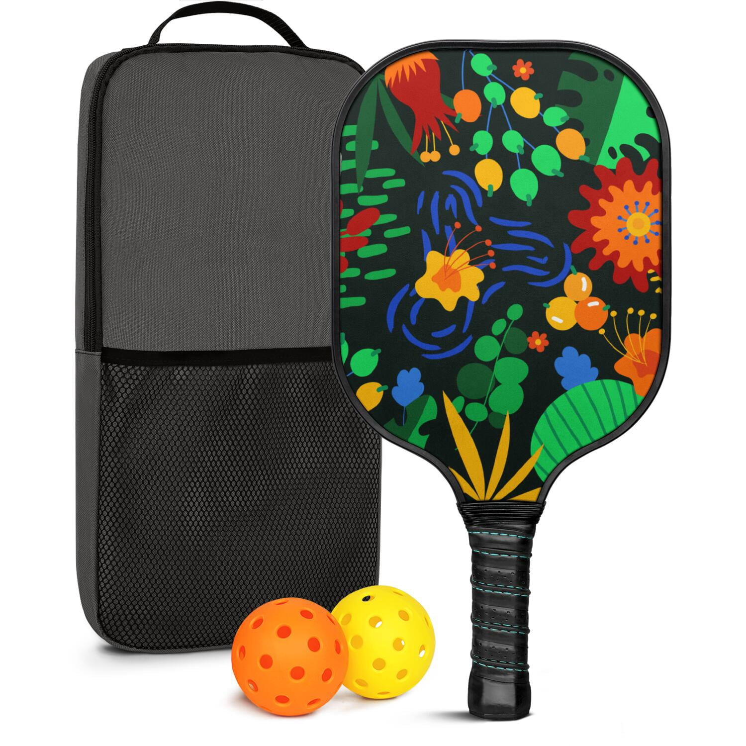 Pickleball Paddles Set Of 1, Fiberglass Surface, Vintage Floral Print, 1 Paddle, 2 Balls & Bag