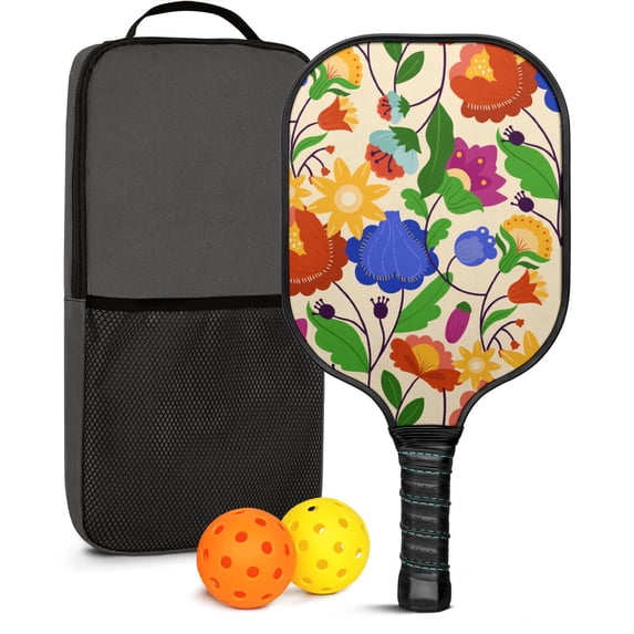 Pickleball Paddles Set Of 1, Fiberglass Surface, Vintage Floral Print, 1 Paddle, 2 Balls & Bag