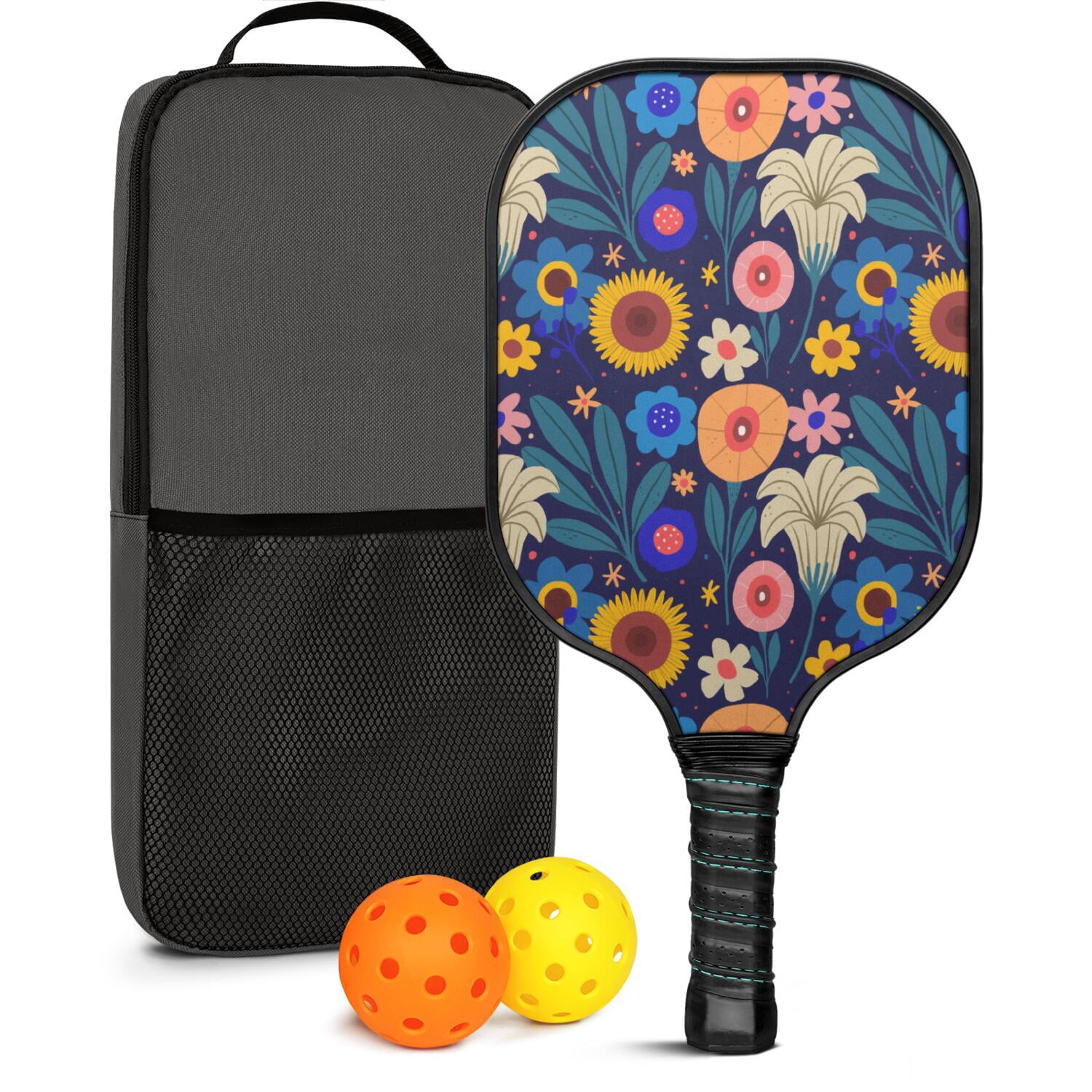 Pickleball Paddles Set Of 1, Fiberglass Surface, Vintage Floral Print, 1 Paddle, 2 Balls & Bag