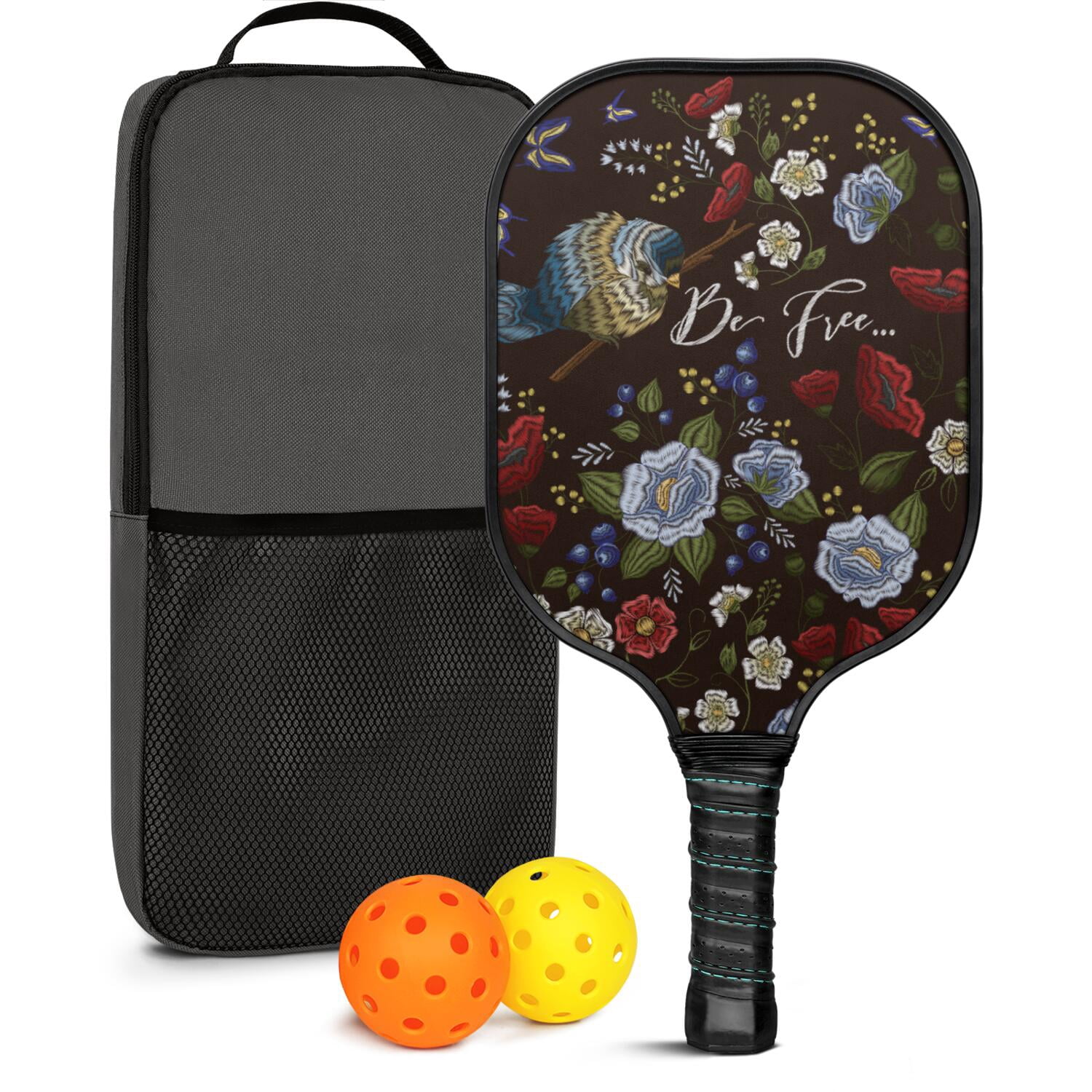 Pickleball Paddles Set Of 1, Fiberglass Surface, Vintage Floral Print, 1 Paddle, 2 Balls & Bag