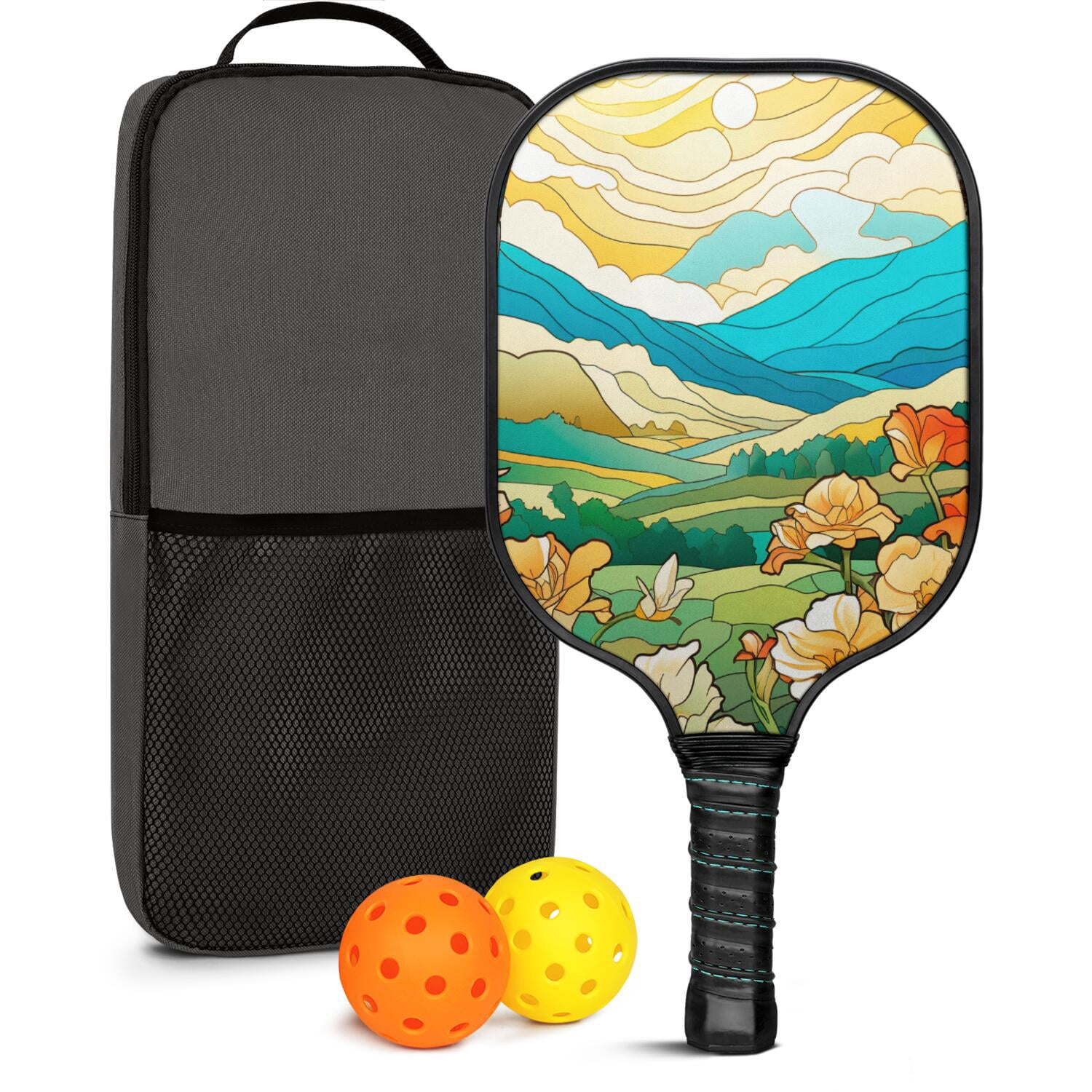 Pickleball Paddles Set Of 1, Fiberglass Surface, Vintage Floral Print, 1 Paddle, 2 Balls & Bag
