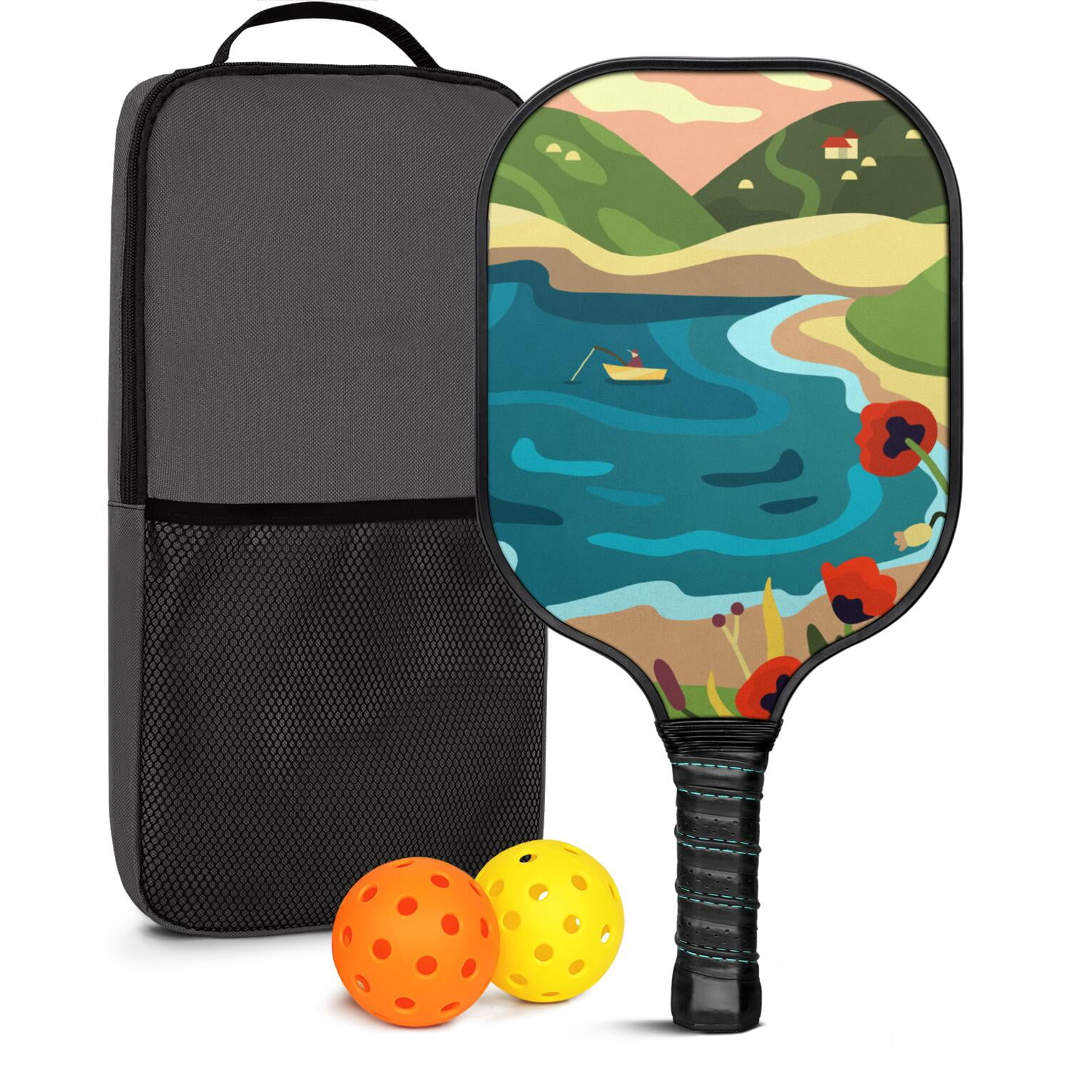 Pickleball Paddles Set Of 1, Fiberglass Surface, Vintage Floral Print, 1 Paddle, 2 Balls & Bag