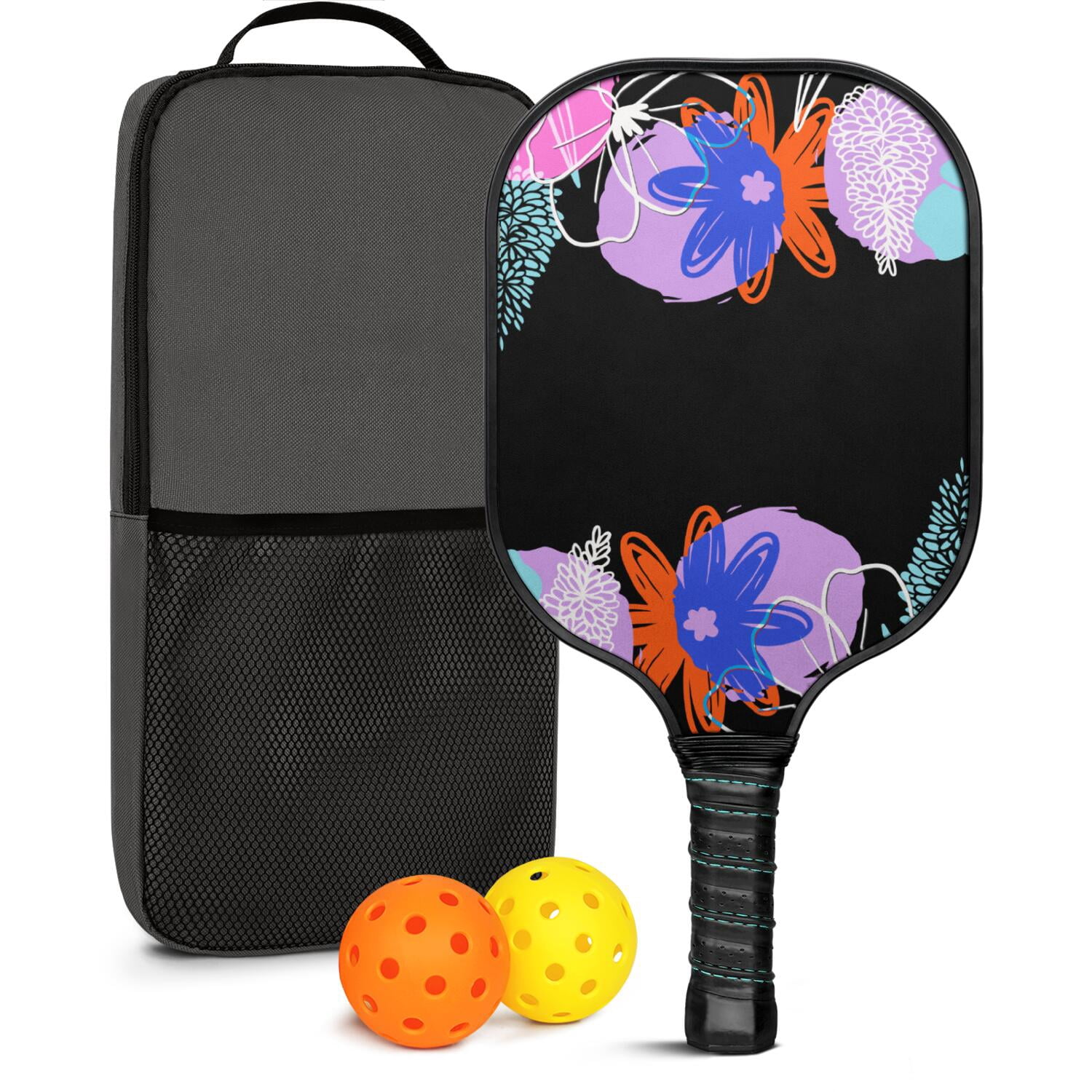 Pickleball Paddles Set Of 1, Fiberglass Surface, Vintage Floral Print, 1 Paddle, 2 Balls & Bag