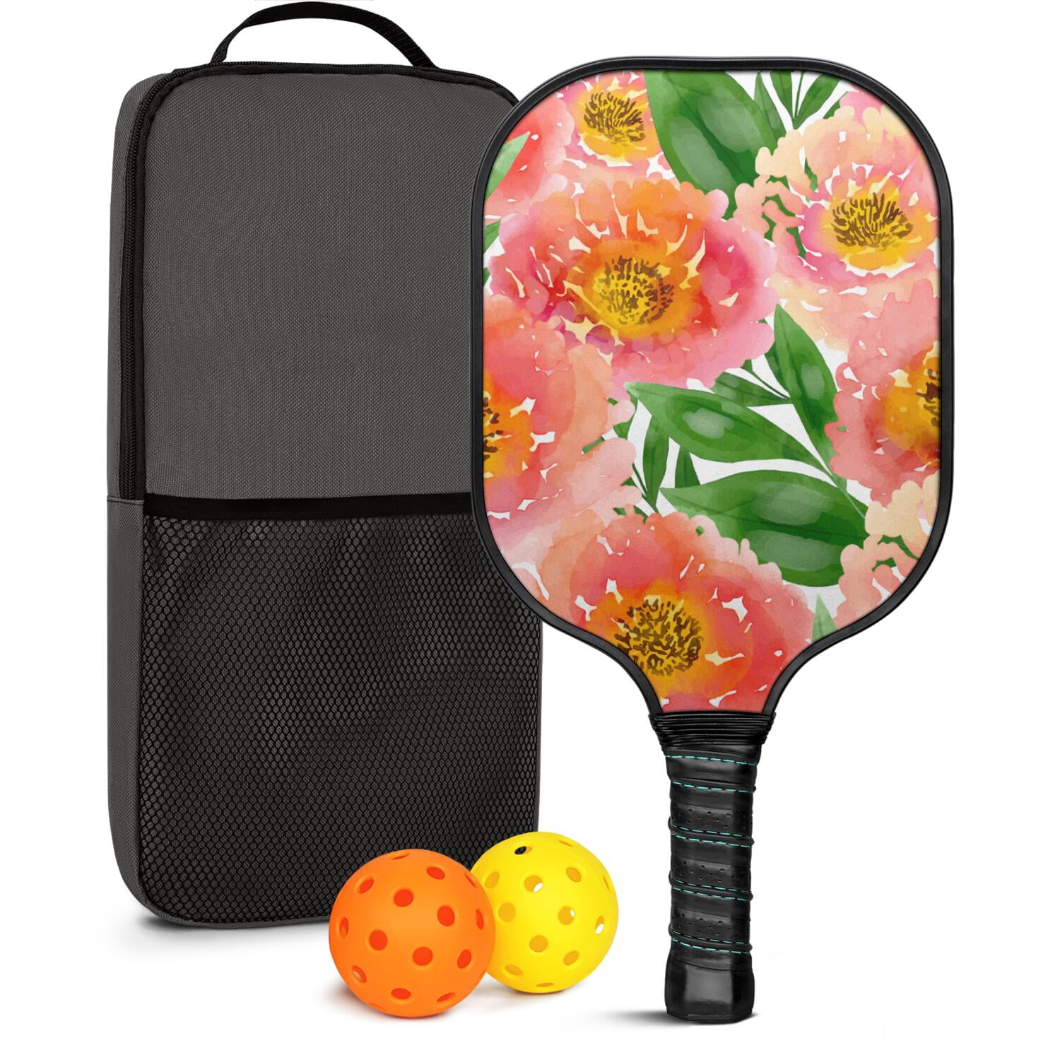 Pickleball Paddles Set Of 1, Fiberglass Surface, Vintage Floral Print, 1 Paddle, 2 Balls & Bag