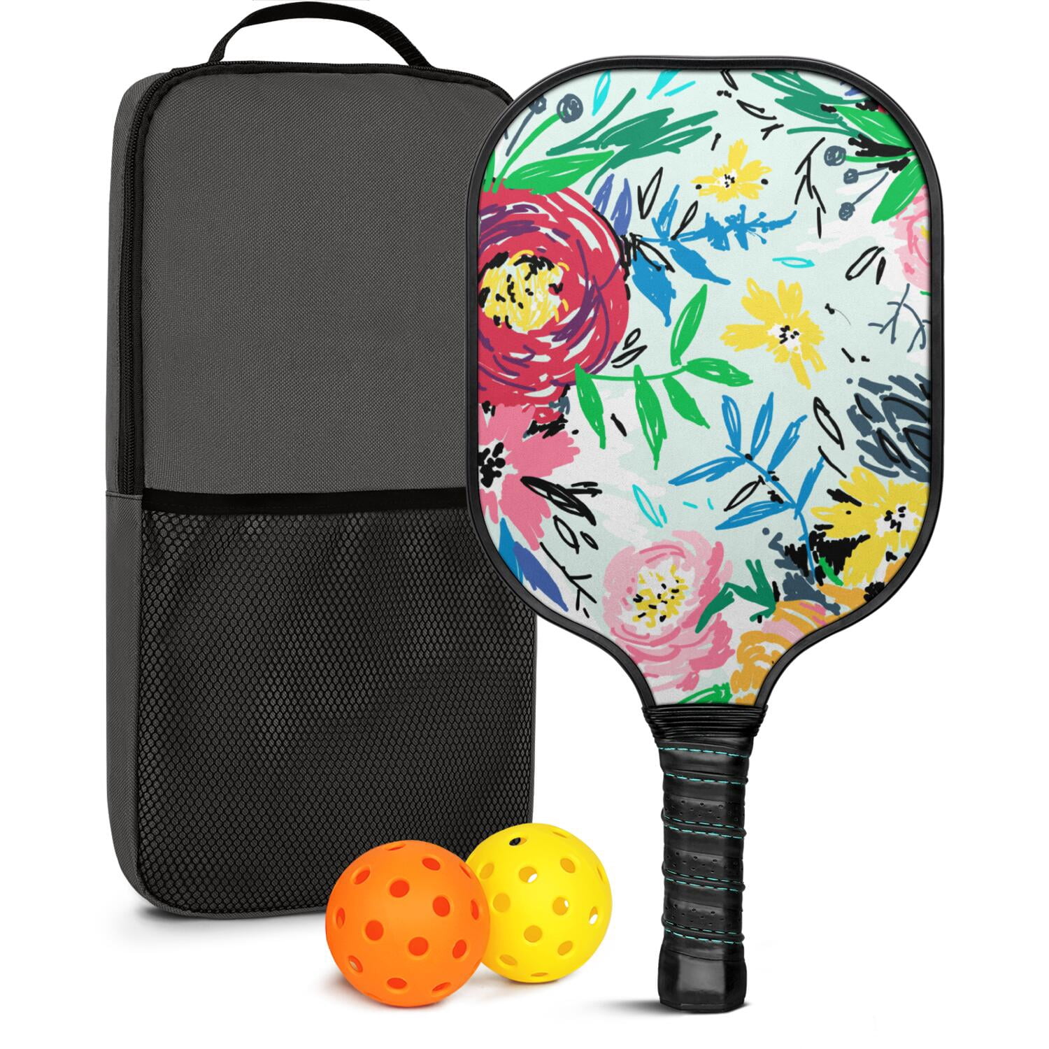 Pickleball Paddles Set Of 1, Fiberglass Surface, Vintage Floral Print, 1 Paddle, 2 Balls & Bag
