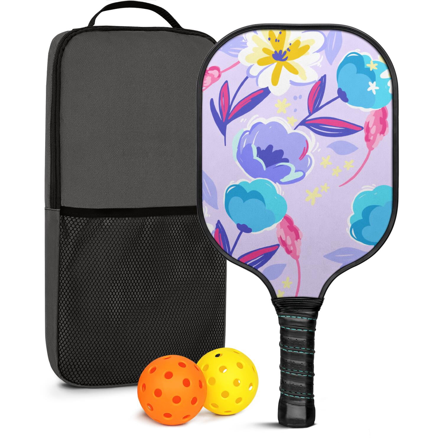 Pickleball Paddles Set Of 1, Fiberglass Surface, Vintage Floral Print, 1 Paddle, 2 Balls & Bag