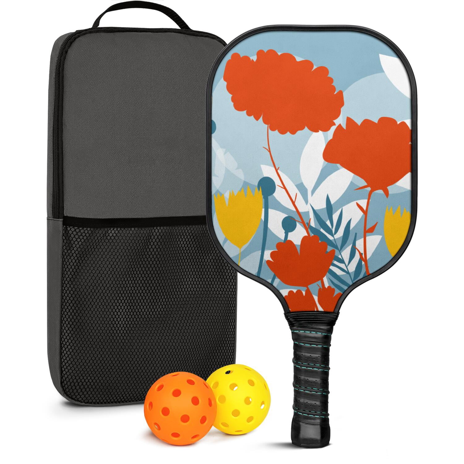 Pickleball Paddles Set Of 1, Fiberglass Surface, Vintage Floral Print, 1 Paddle, 2 Balls & Bag