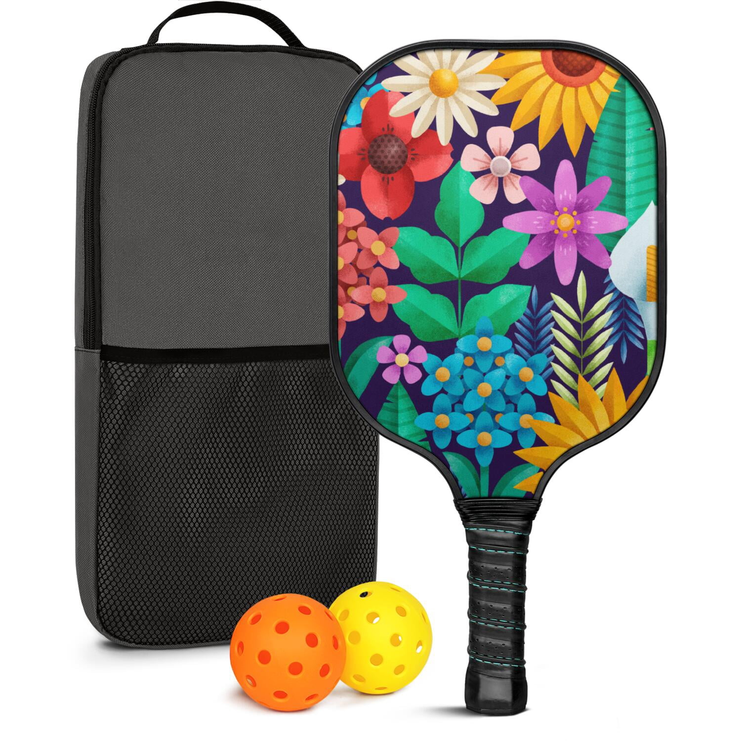 Pickleball Paddles Set Of 1, Fiberglass Surface, Vintage Floral Print, 1 Paddle, 2 Balls & Bag