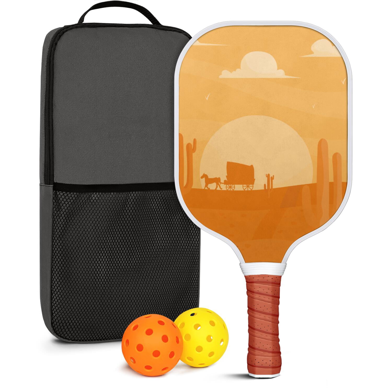 Pickleball Paddles Set Of 1, Fiberglass Surface, West & Cowboy Print, 1 Paddle, 2 Balls & Bag