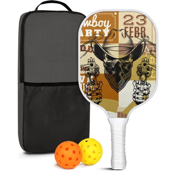 Pickleball Paddles Set Of 1, Fiberglass Surface, West & Cowboy Print, 1 Paddle, 2 Balls & Bag
