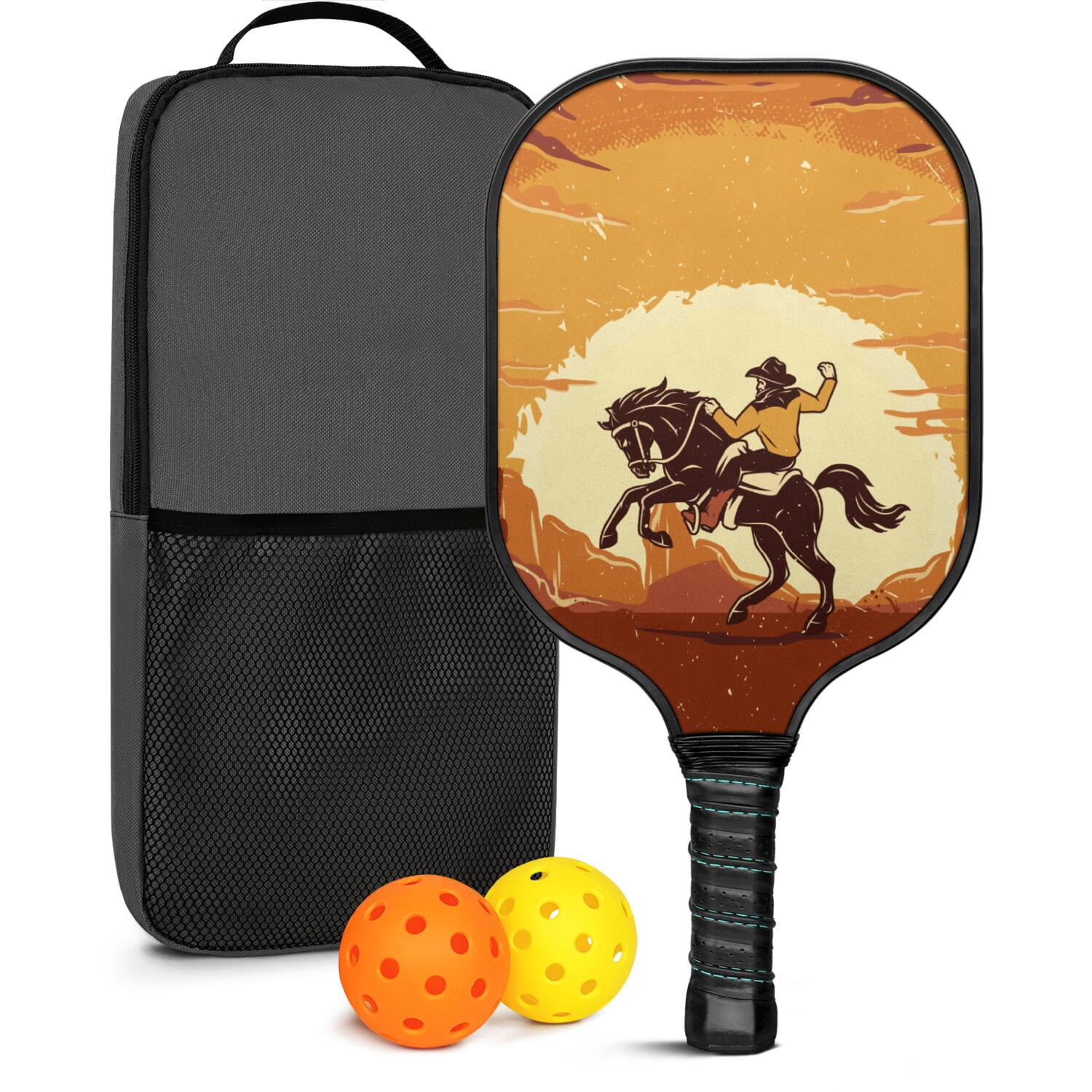 Pickleball Paddles Set Of 1, Fiberglass Surface, West & Cowboy Print, 1 Paddle, 2 Balls & Bag