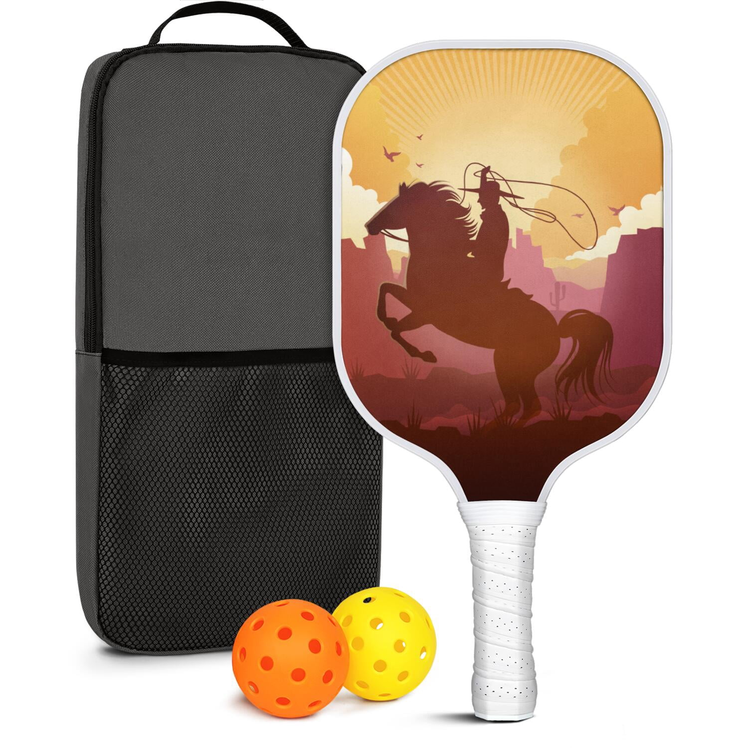 Pickleball Paddles Set Of 1, Fiberglass Surface, West & Cowboy Print, 1 Paddle, 2 Balls & Bag