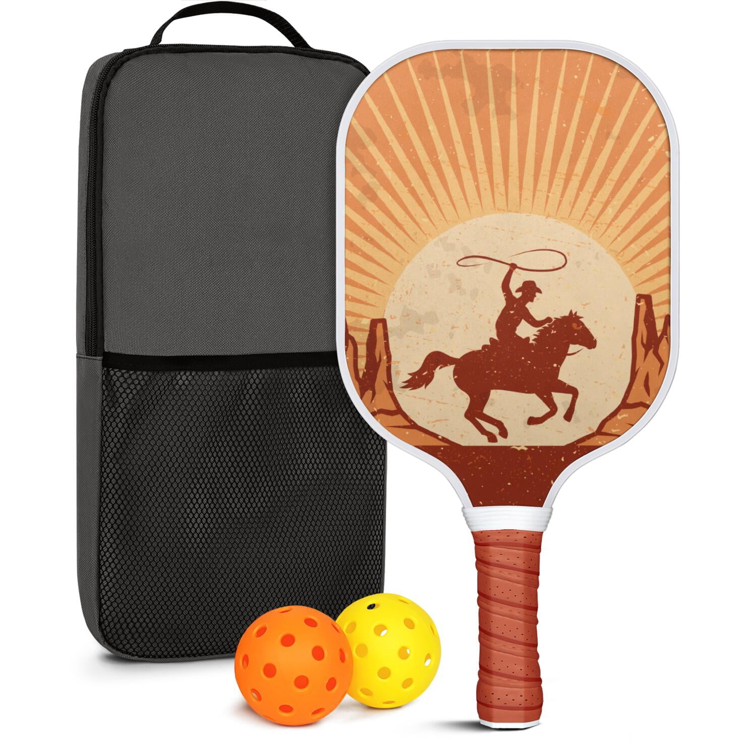 Pickleball Paddles Set Of 1, Fiberglass Surface, West & Cowboy Print, 1 Paddle, 2 Balls & Bag