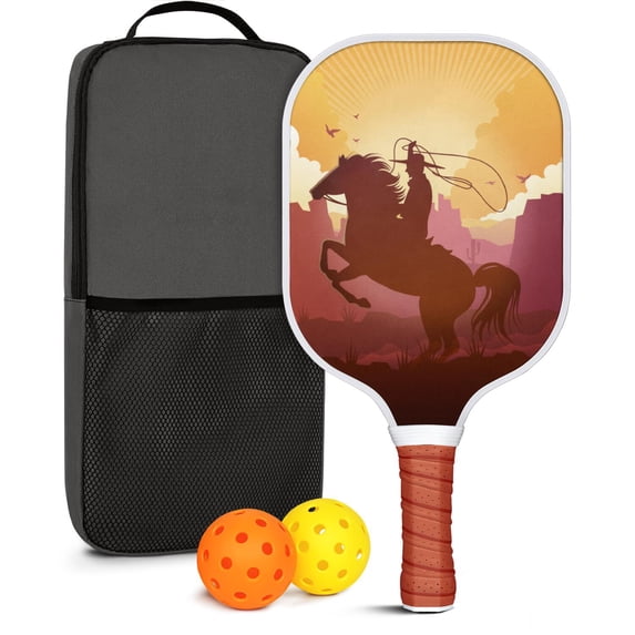 Pickleball Paddles Set Of 1, Fiberglass Surface, West & Cowboy Print, 1 Paddle, 2 Balls & Bag