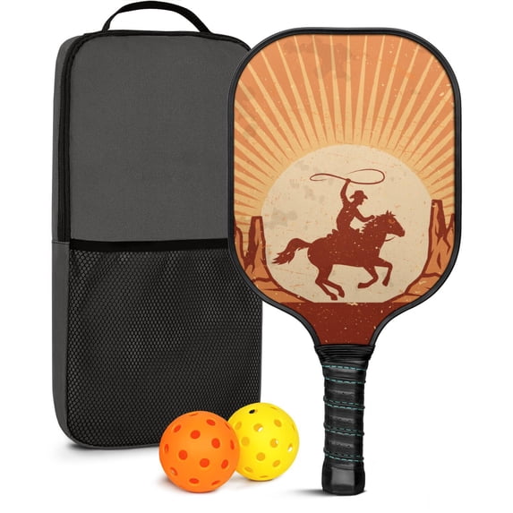 Pickleball Paddles Set Of 1, Fiberglass Surface, West & Cowboy Print, 1 Paddle, 2 Balls & Bag