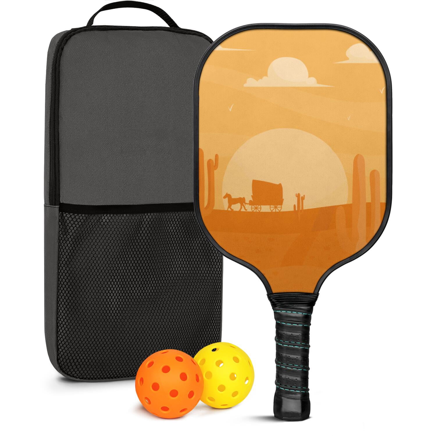 Pickleball Paddles Set Of 1, Fiberglass Surface, West & Cowboy Print, 1 Paddle, 2 Balls & Bag