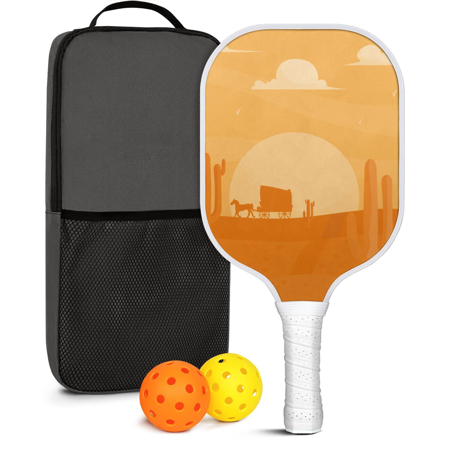 Pickleball Paddles Set Of 1, Fiberglass Surface, West & Cowboy Print, 1 Paddle, 2 Balls & Bag