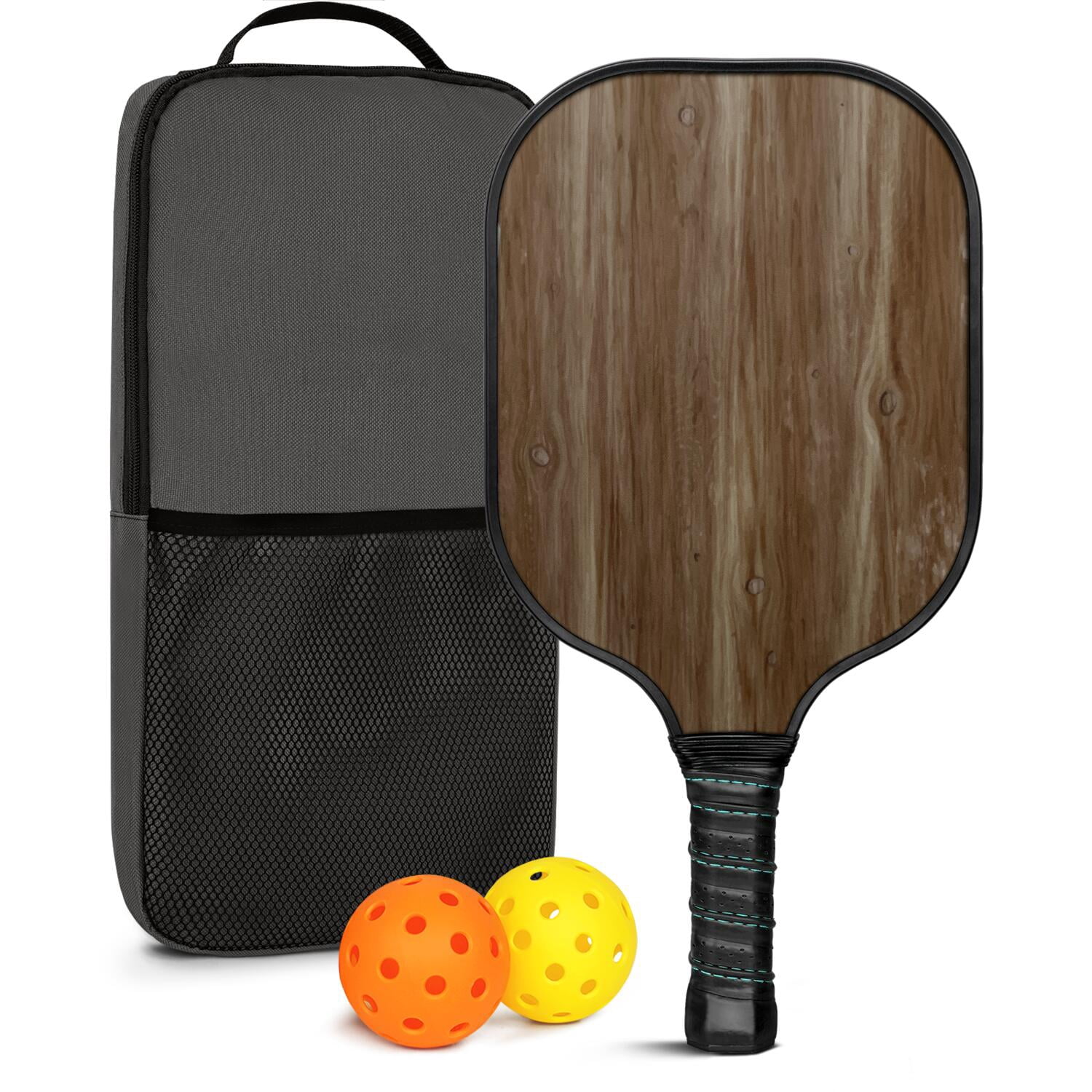 Pickleball Paddles Set Of 1, Fiberglass Surface, Wood Grain Print, 1 Paddle, 2 Balls & Bag