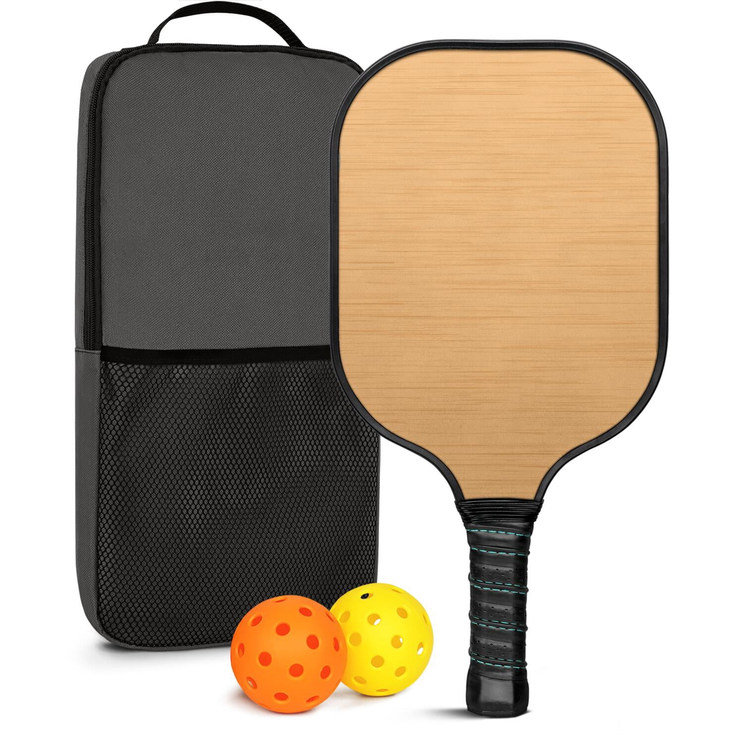 Pickleball Paddles Set Of 1, Fiberglass Surface, Wood Grain Print, 1 Paddle, 2 Balls & Bag