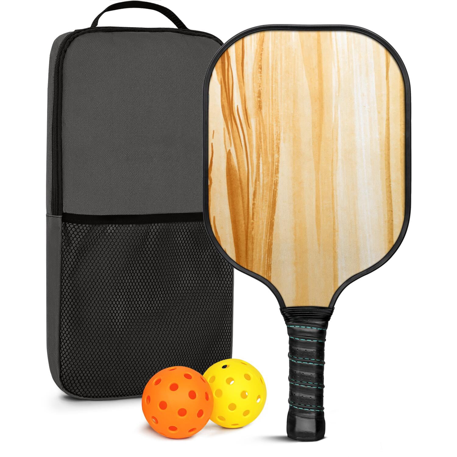 Pickleball Paddles Set Of 1, Fiberglass Surface, Wood Grain Print, 1 Paddle, 2 Balls & Bag