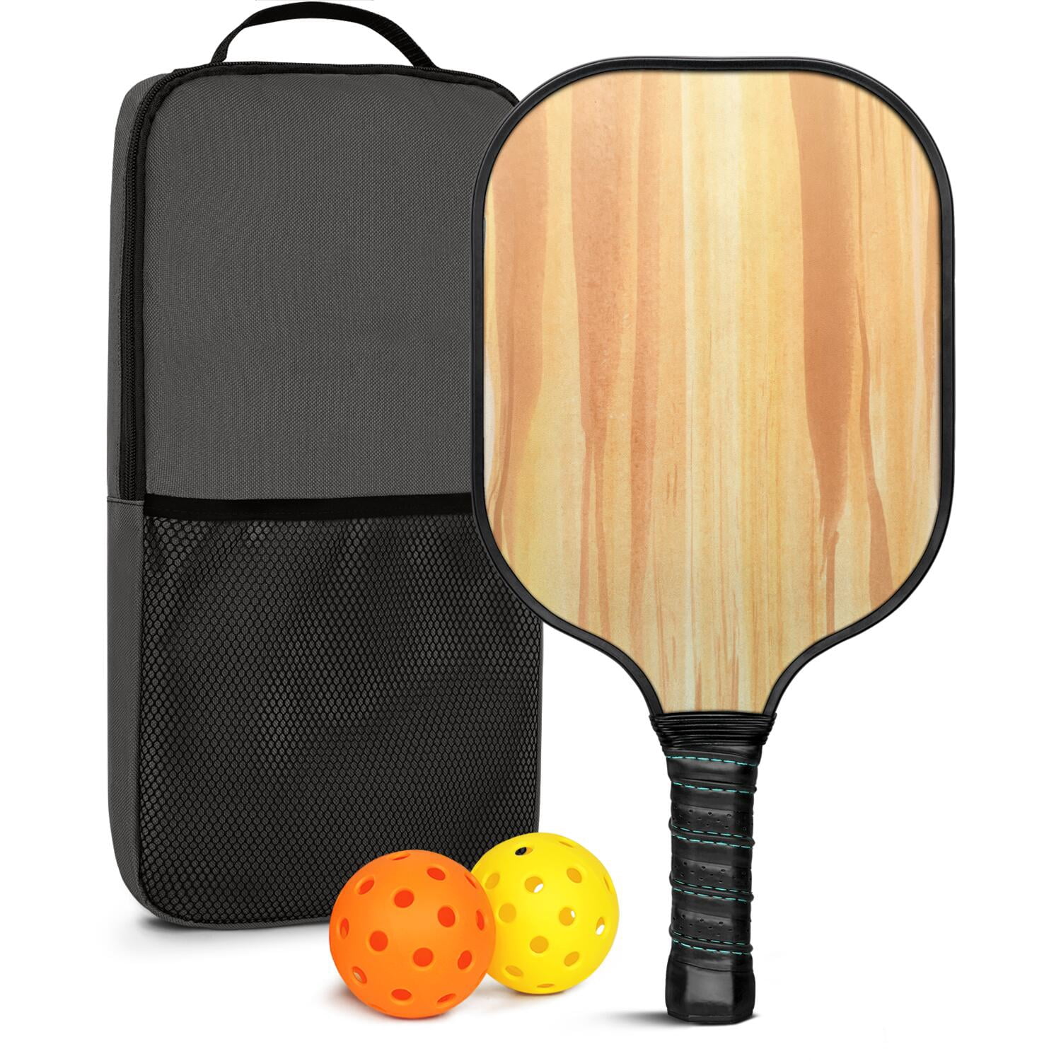 Pickleball Paddles Set Of 1, Fiberglass Surface, Wood Grain Print, 1 Paddle, 2 Balls & Bag
