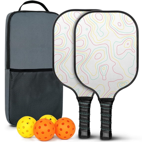Pickleball Paddles Set Of 2, Fiberglass Surface, Adventure Map Print, 4 Balls & Bag
