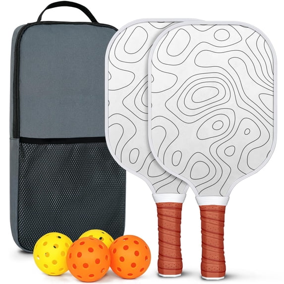 Pickleball Paddles Set Of 2, Fiberglass Surface, Adventure Map Print, 4 Balls & Bag
