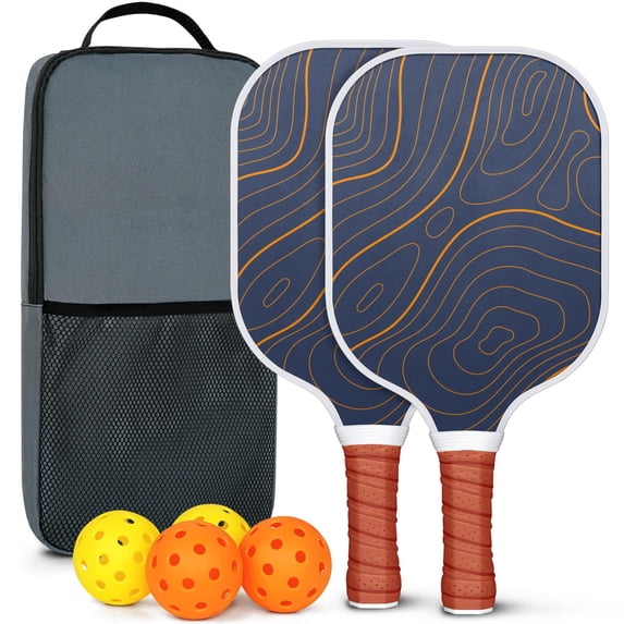 Pickleball Paddles Set Of 2, Fiberglass Surface, Adventure Map Print, 4 Balls & Bag