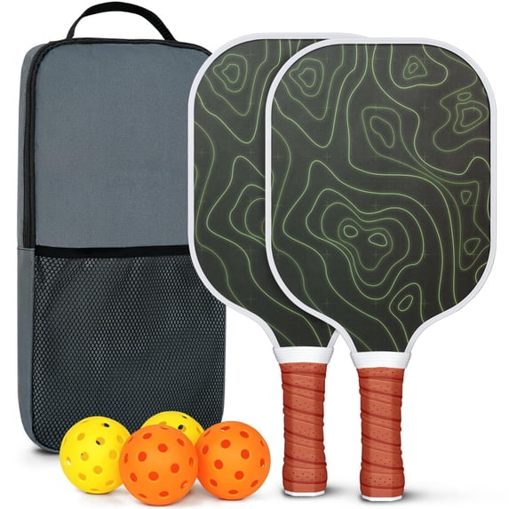 Pickleball Paddles Set Of 2, Fiberglass Surface, Adventure Map Print, 4 Balls & Bag