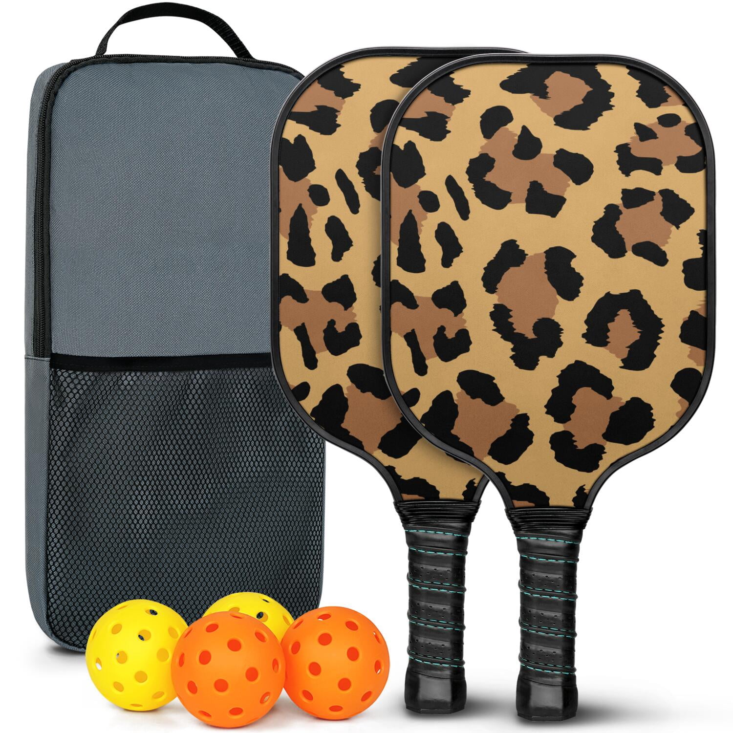 Pickleball Paddles Set Of 2, Fiberglass Surface, Animal, Leopard Print, 4 Balls & Bag