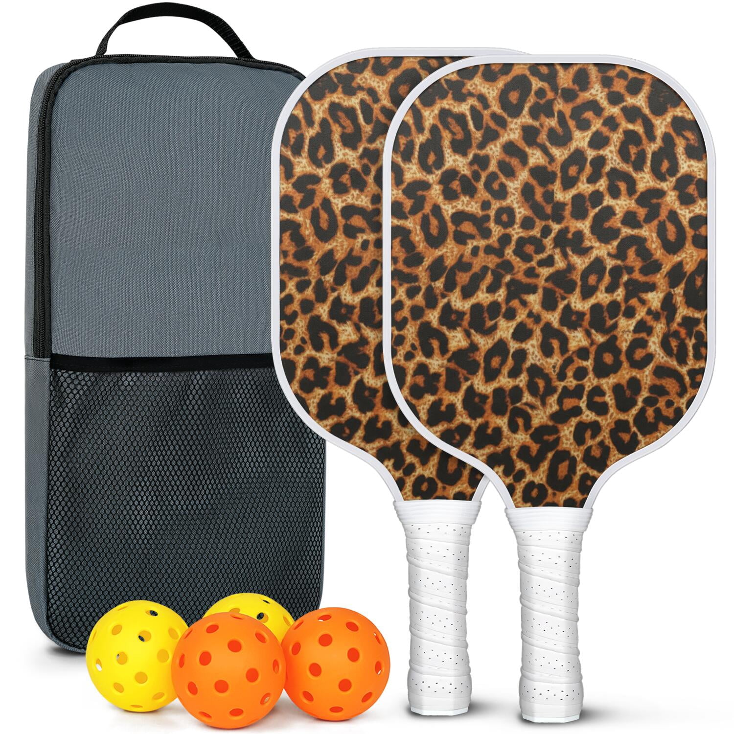 Pickleball Paddles Set Of 2, Fiberglass Surface, Animal, Leopard Print, 4 Balls & Bag