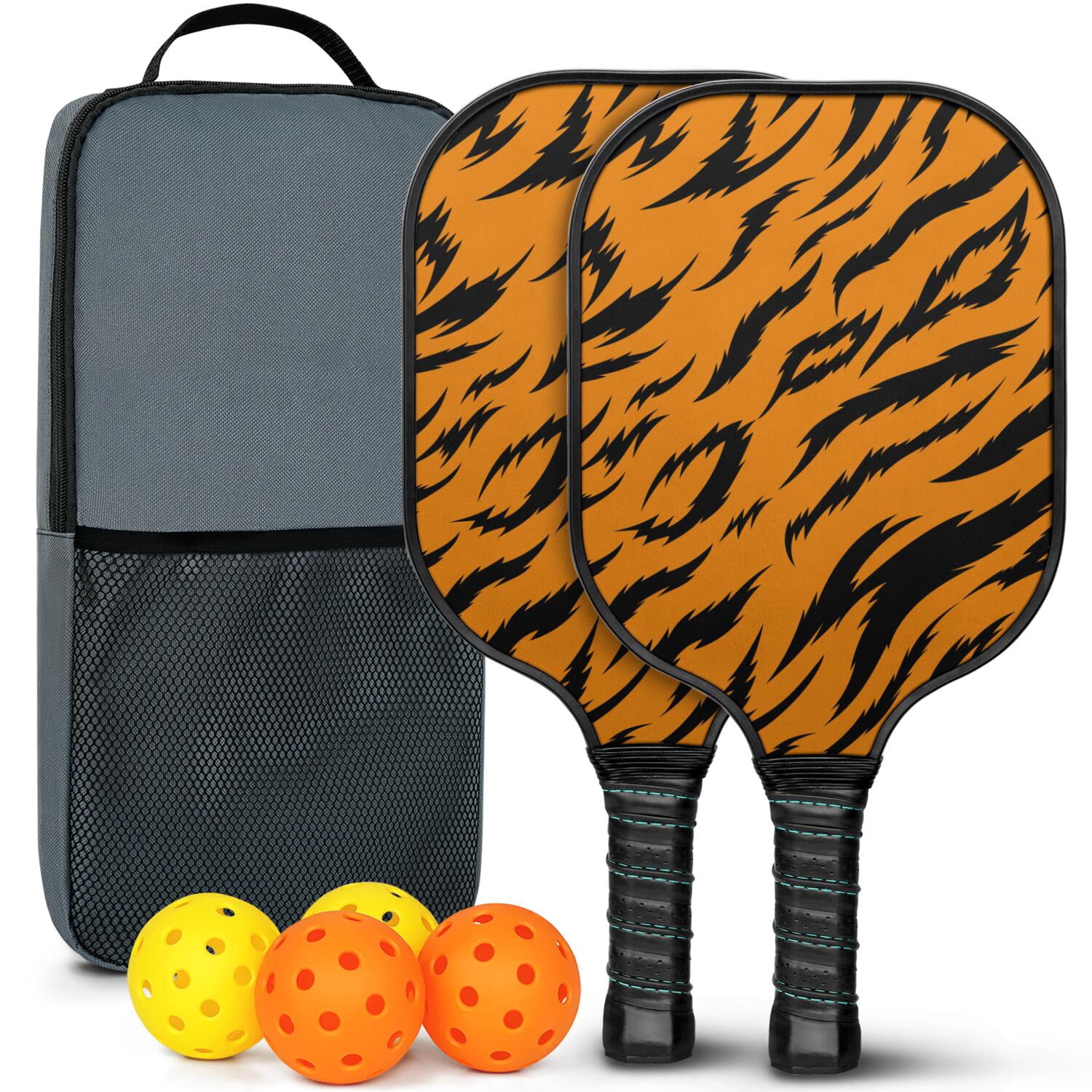 Pickleball Paddles Set Of 2, Fiberglass Surface, Animal, Leopard Print, 4 Balls & Bag