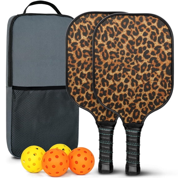Pickleball Paddles Set Of 2, Fiberglass Surface, Animal, Leopard Print, 4 Balls & Bag