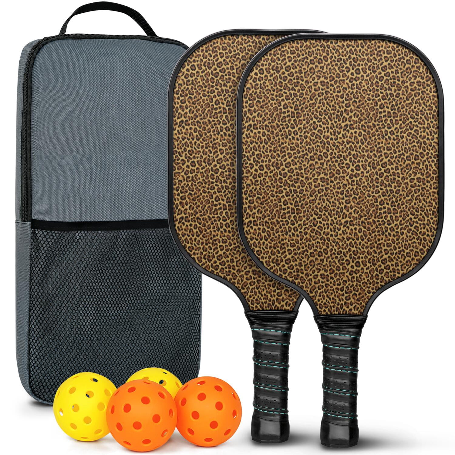 Pickleball Paddles Set Of 2, Fiberglass Surface, Animal, Leopard Print, 4 Balls & Bag