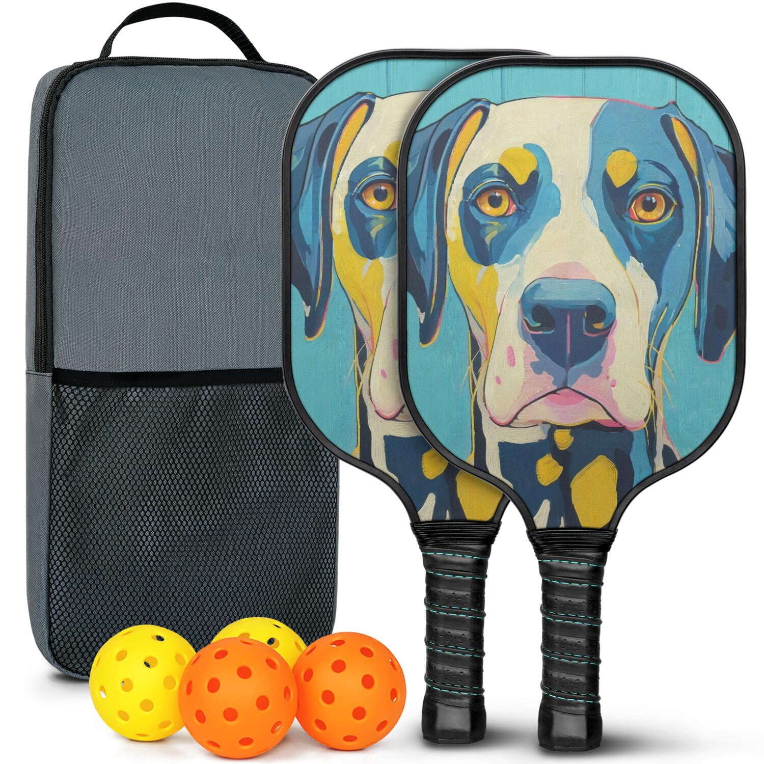 Pickleball Paddles Set Of 2, Fiberglass Surface, Astonished Dog Print, 4 Balls & Bag