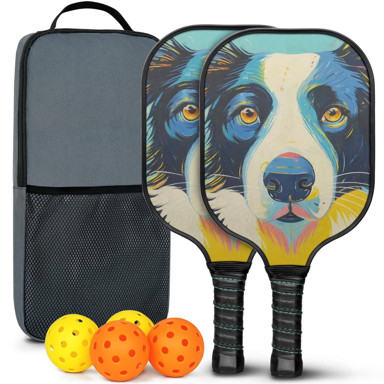 Pickleball Paddles Set Of 2, Fiberglass Surface, Astonished Dog Print, 4 Balls & Bag
