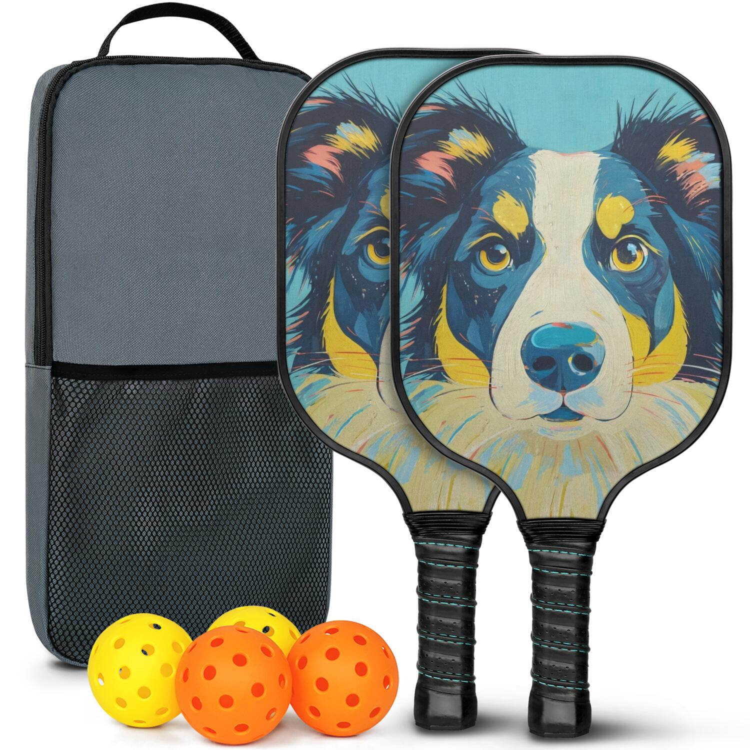 Pickleball Paddles Set Of 2, Fiberglass Surface, Astonished Dog Print, 4 Balls & Bag