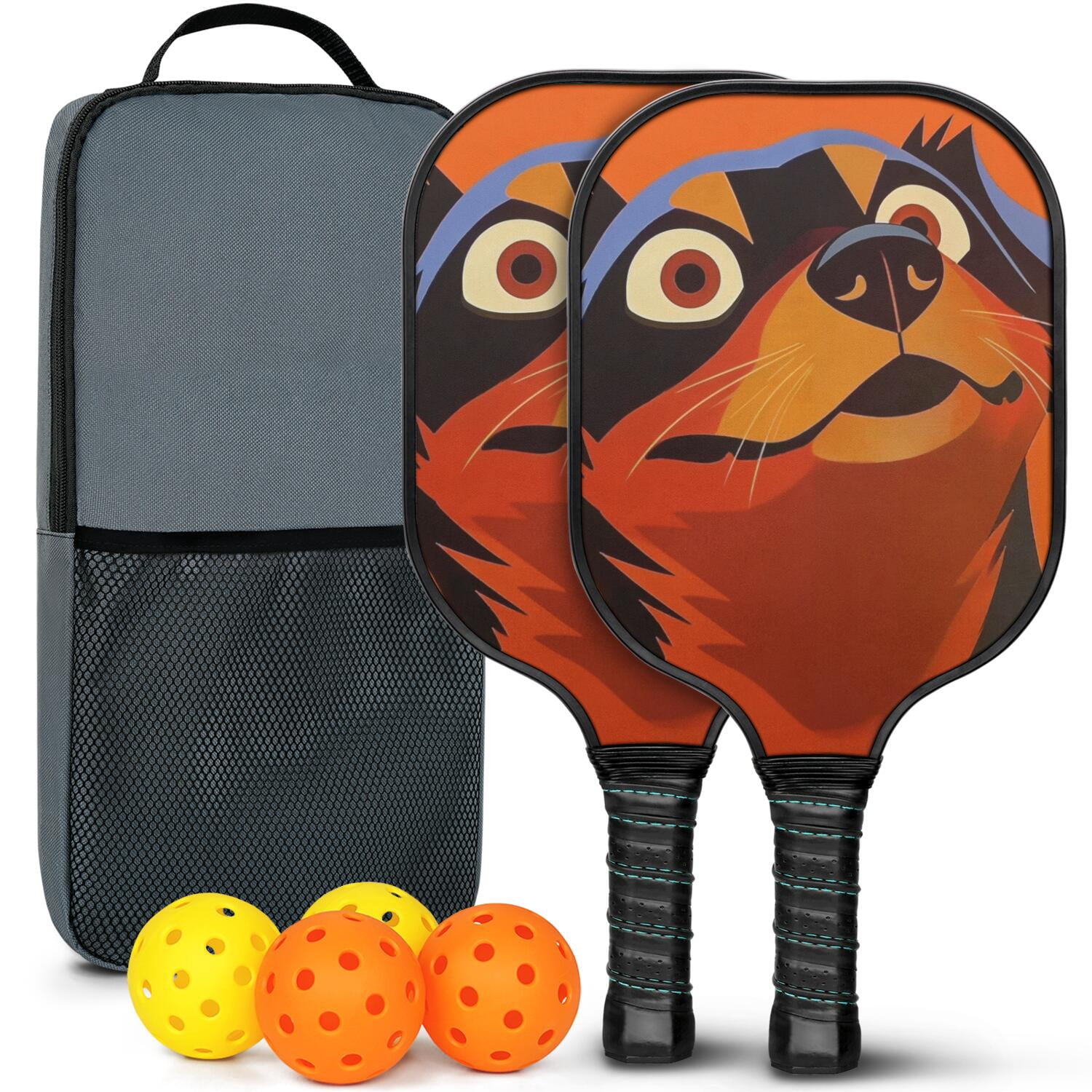 Pickleball Paddles Set Of 2, Fiberglass Surface, Astonished Dog Print, 4 Balls & Bag