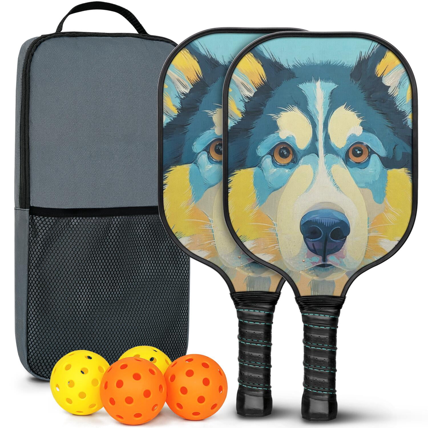 Pickleball Paddles Set Of 2, Fiberglass Surface, Astonished Dog Print, 4 Balls & Bag