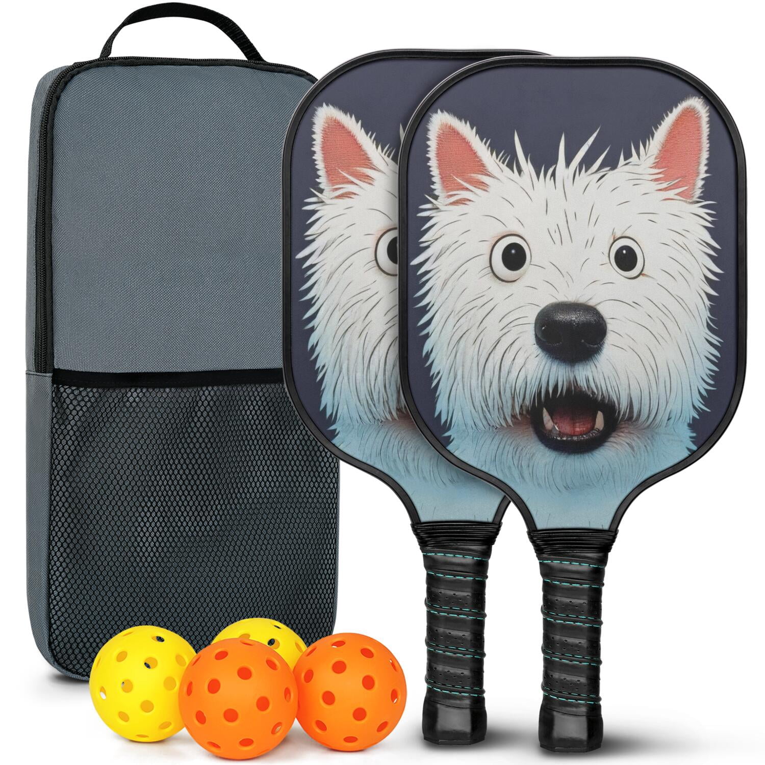 Pickleball Paddles Set Of 2, Fiberglass Surface, Astonished Dog Print, 4 Balls & Bag