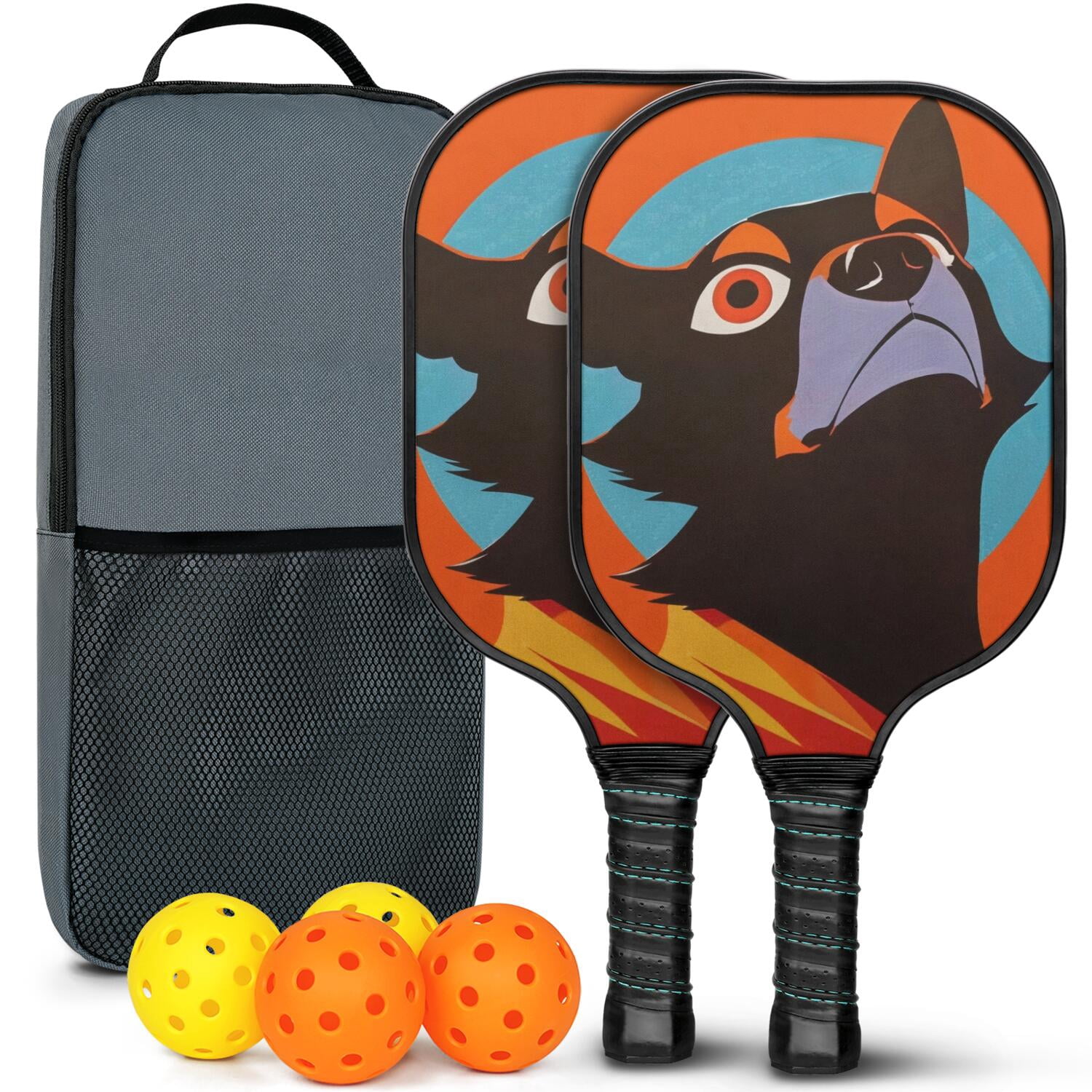 Pickleball Paddles Set Of 2, Fiberglass Surface, Astonished Dog Print, 4 Balls & Bag