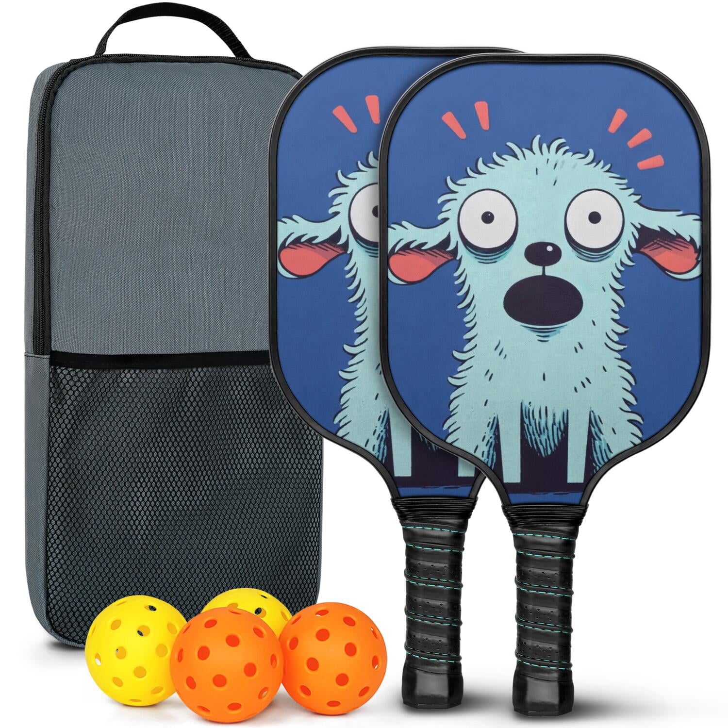 Pickleball Paddles Set Of 2, Fiberglass Surface, Astonished Dog Print, 4 Balls & Bag